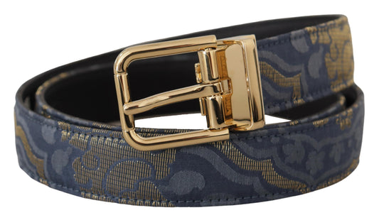 Navy Blue Jacquard Gold Tone Logo Metal Buckle Belt-Dolce & Gabbana-LabelTerrace.com