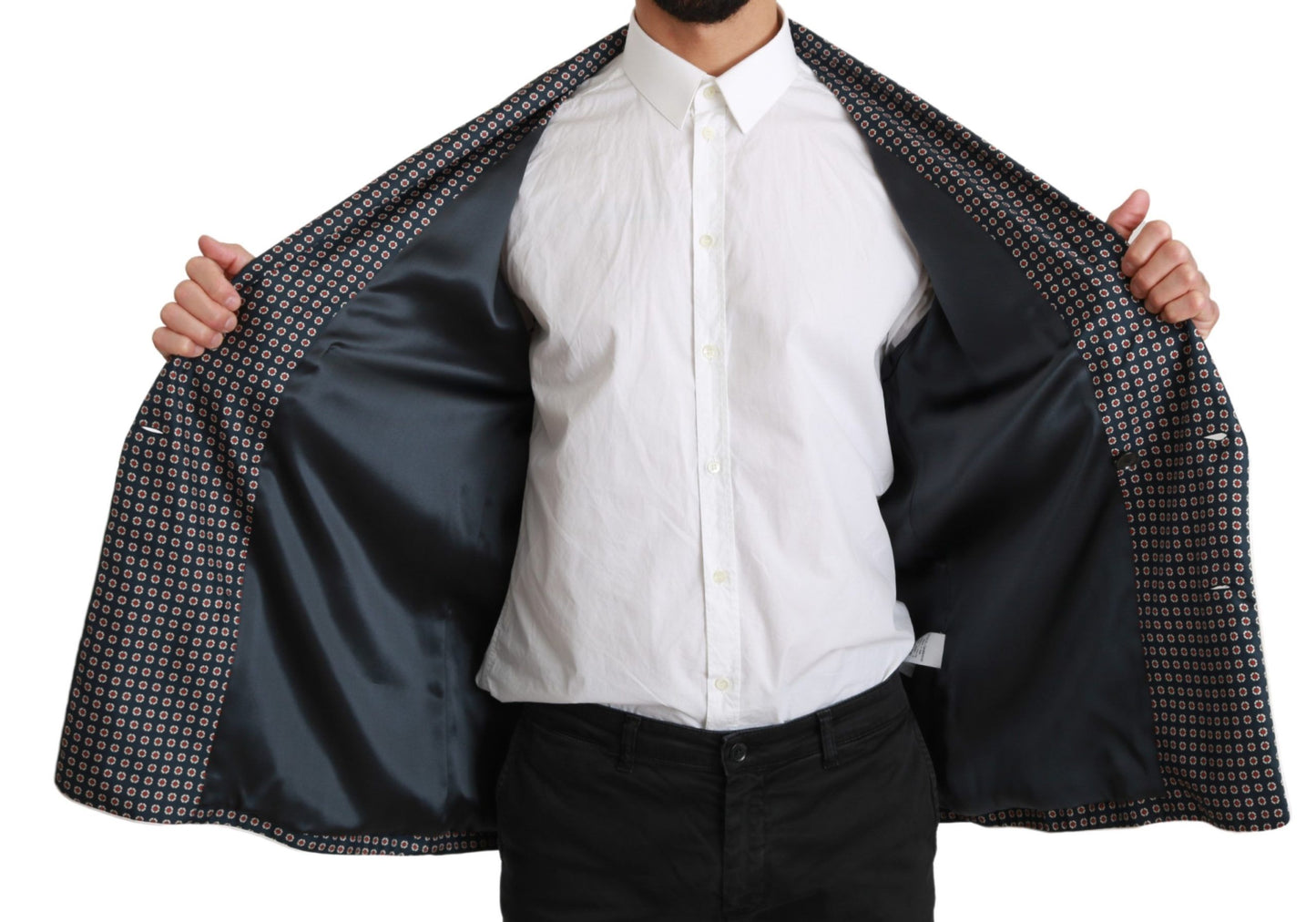 Navy Blue Patterned Double Breasted Coat Jacket-Dolce & Gabbana-LabelTerrace.com