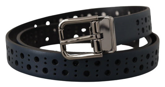 Navy Blue Perforated Leather Skinny Metal Buckle Belt-Dolce & Gabbana-LabelTerrace.com