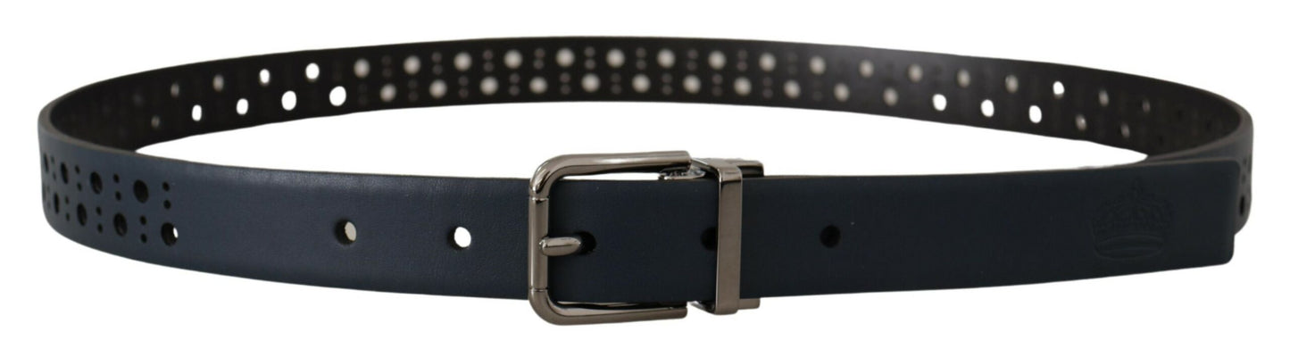 Navy Blue Perforated Leather Skinny Metal Buckle Belt-Dolce & Gabbana-LabelTerrace.com