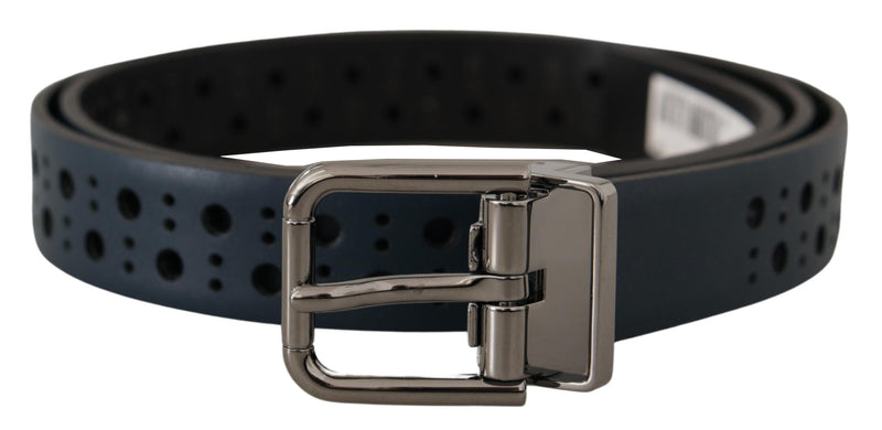 Navy Blue Perforated Leather Skinny Metal Buckle Belt-Dolce & Gabbana-LabelTerrace.com
