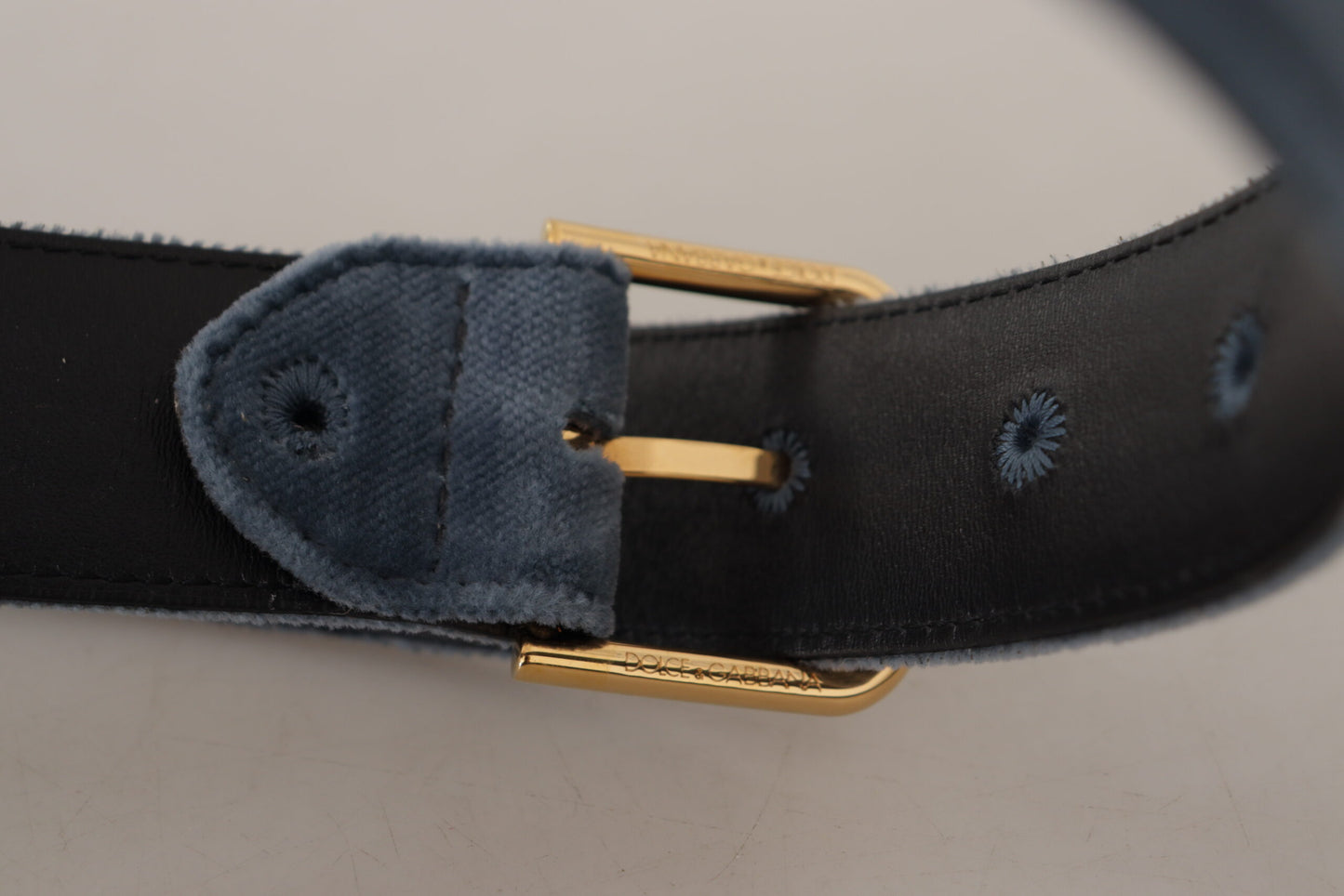 Navy Blue Velvet Gold Metal Logo Waist Buckle Belt-Dolce & Gabbana-LabelTerrace.com