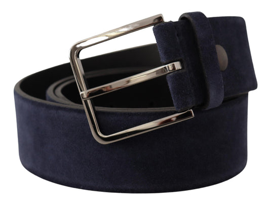 Navy Blue Velvet Leather Silver Logo Buckle Belt-Dolce & Gabbana-LabelTerrace.com