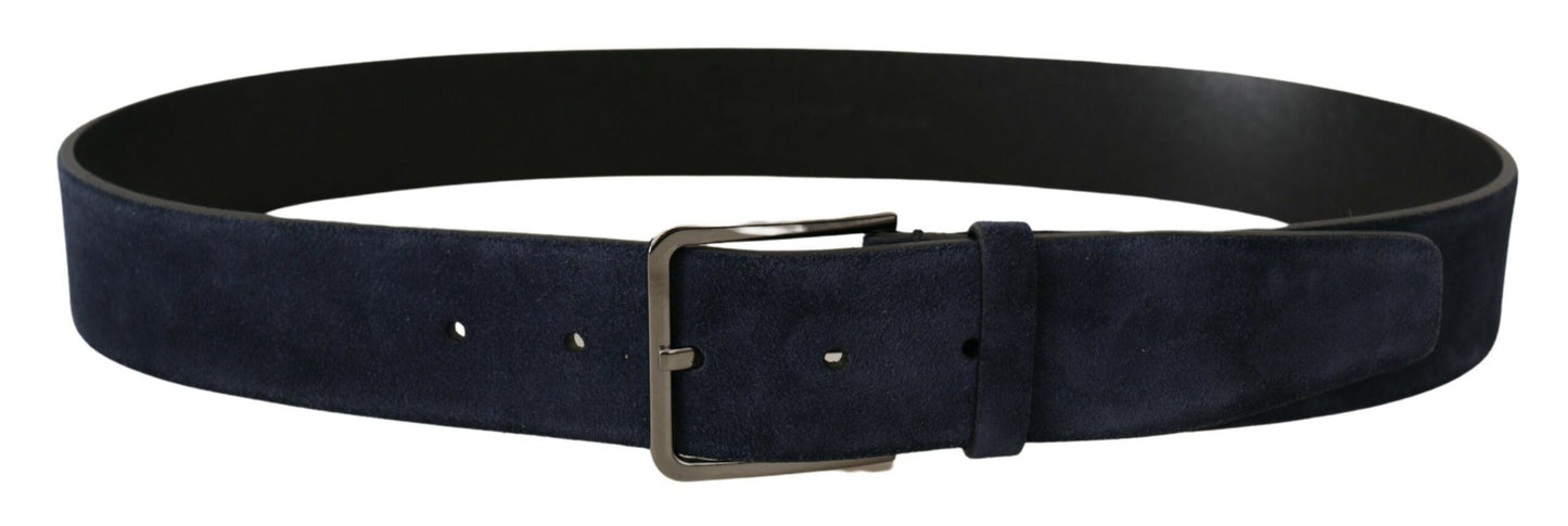 Navy Blue Velvet Leather Silver Logo Buckle Belt-Dolce & Gabbana-LabelTerrace.com