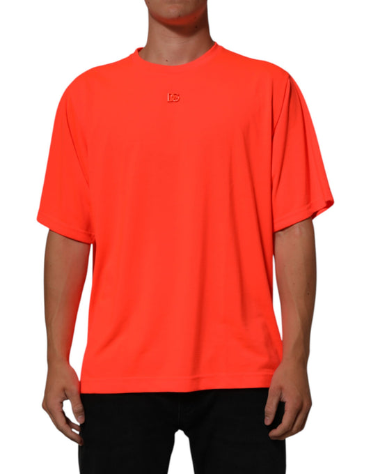 Neon Orange Polyester Men Crew Neck T-shirt