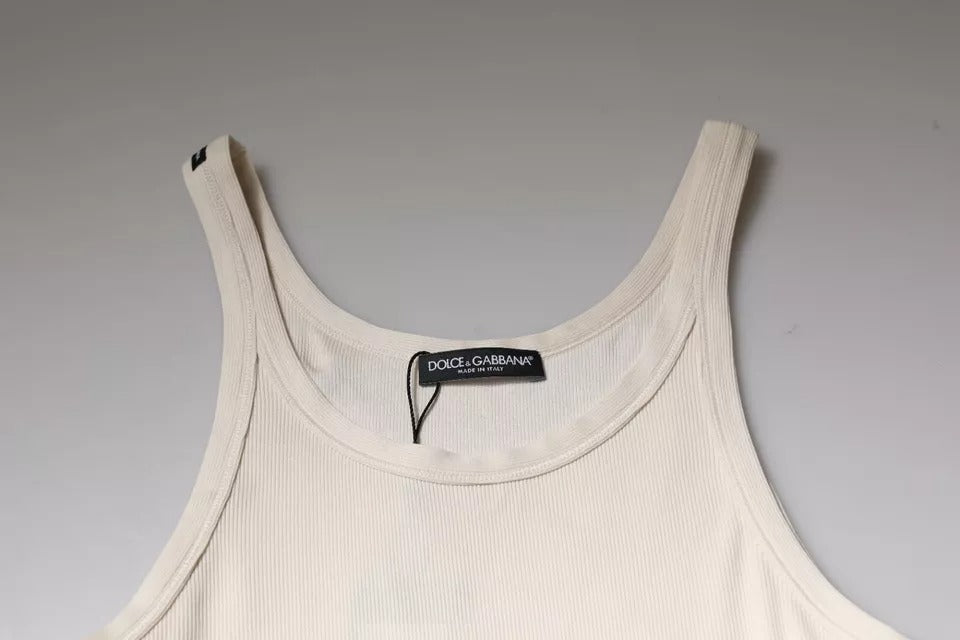 Off White Cotton Sleeveless Round Neck Tank T-shirt-Dolce & Gabbana-LabelTerrace.com