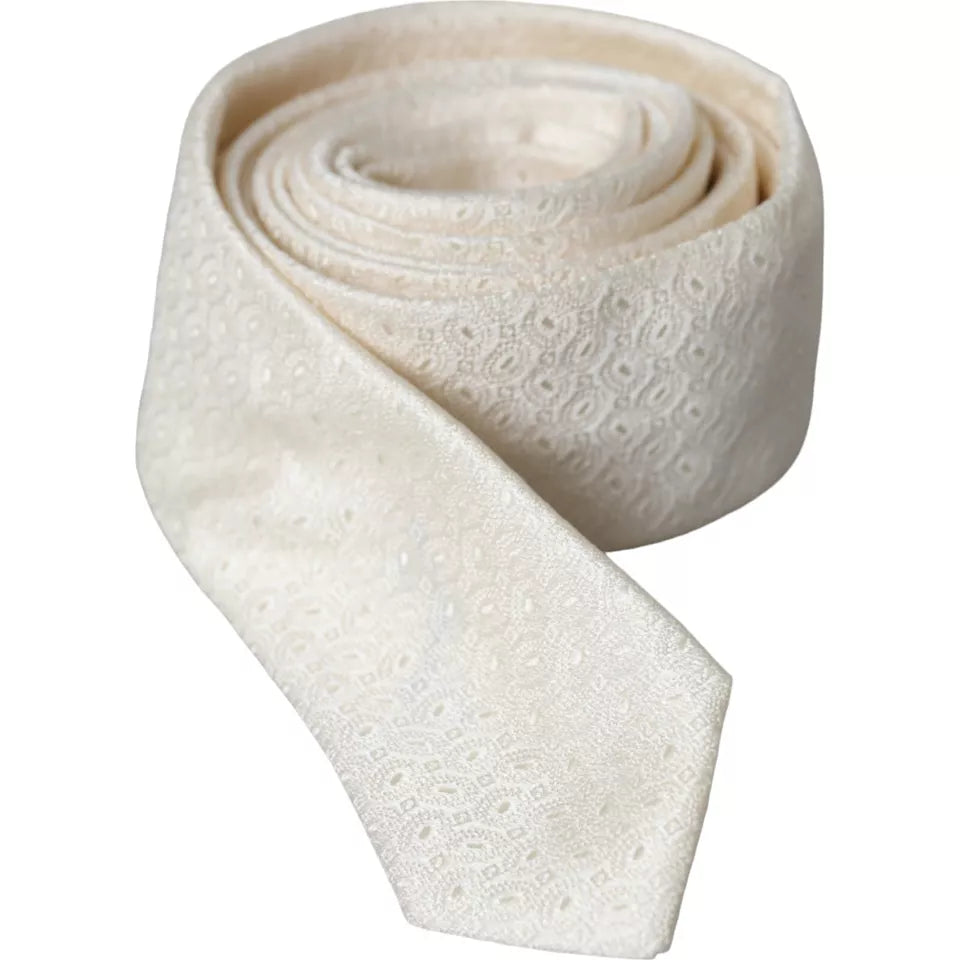 Off White Patterned Silk Adjustable Men Tie-Dolce & Gabbana-LabelTerrace.com