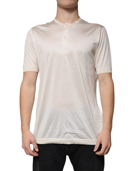 Off White Silk Henley Short Sleeves T-Shirt-Dolce & Gabbana-LabelTerrace.com