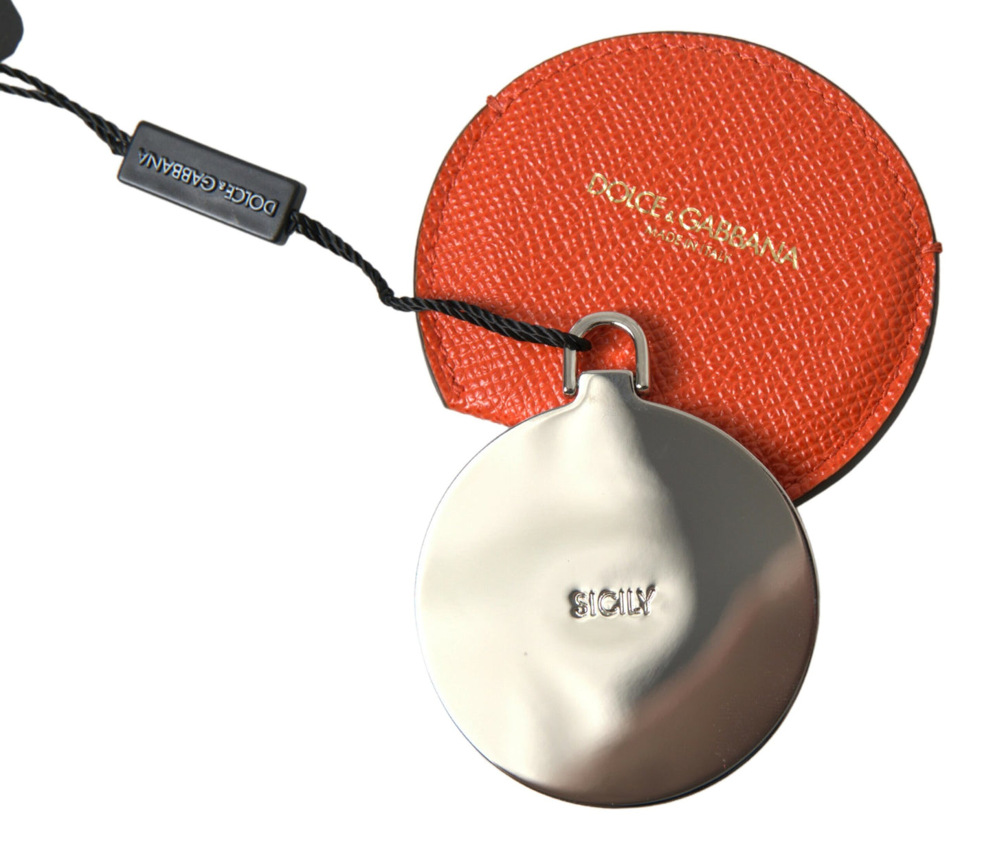 Orange Calfskin Leather Round Logo Hand Mirror Holder-Dolce & Gabbana-LabelTerrace.com