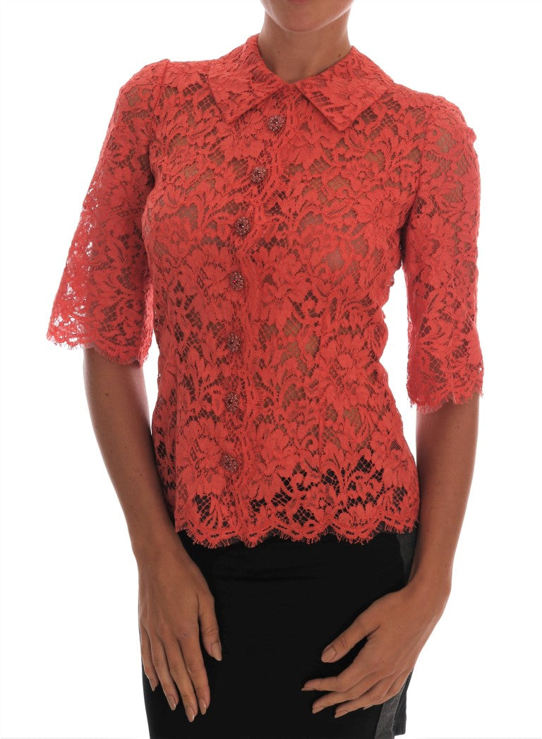 Orange Crystal Buttons Floral Lace Blouse-Dolce & Gabbana-LabelTerrace.com