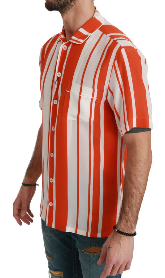 Orange Silk Striped Short Sleeve White Shirt-Dolce & Gabbana-LabelTerrace.com