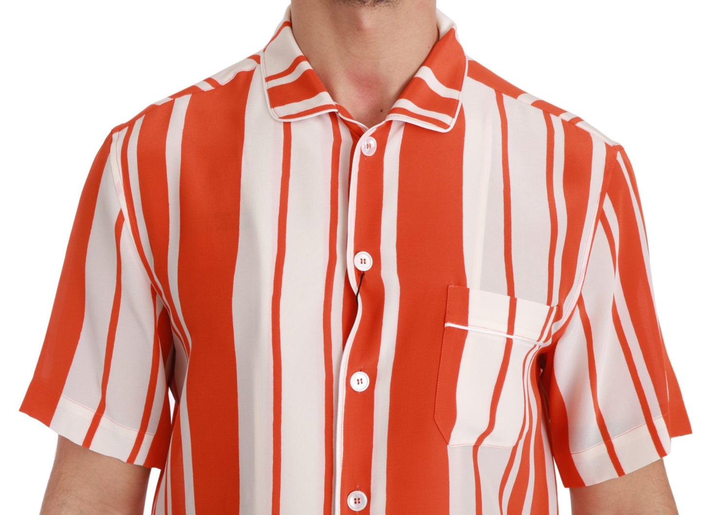 Orange Silk Striped Short Sleeve White Shirt-Dolce & Gabbana-LabelTerrace.com