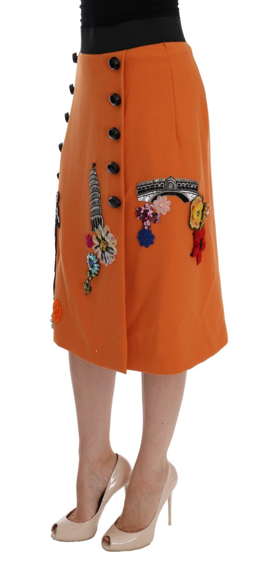 Orange Wool Crystal Sequin Appliques Skirt-Dolce & Gabbana-LabelTerrace.com
