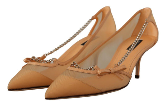 Peach Mesh Leather Chains Heels Pumps Shoes-Dolce & Gabbana-LabelTerrace.com