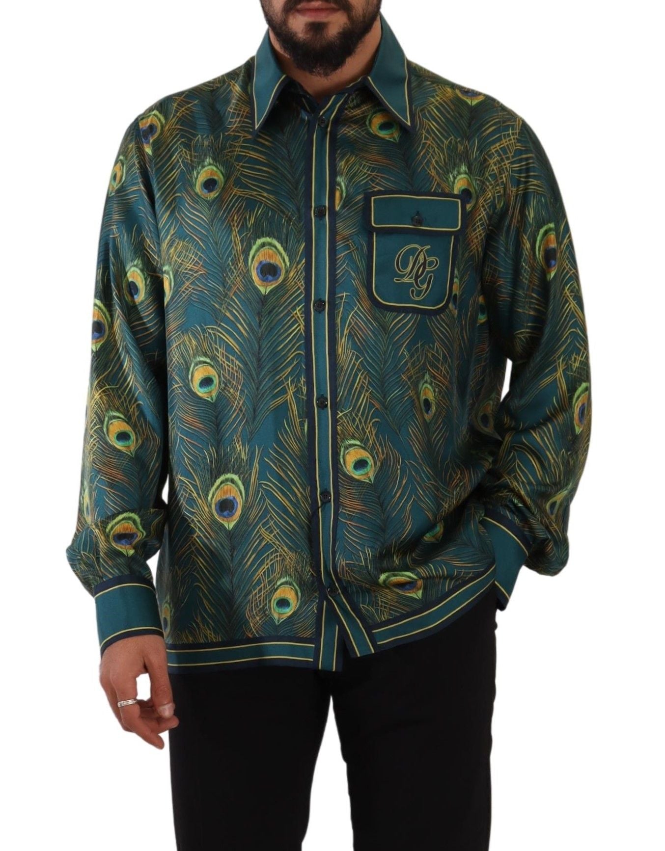 Peacock Feather Print Silk Pajama Mens Shirt-Dolce & Gabbana-LabelTerrace.com