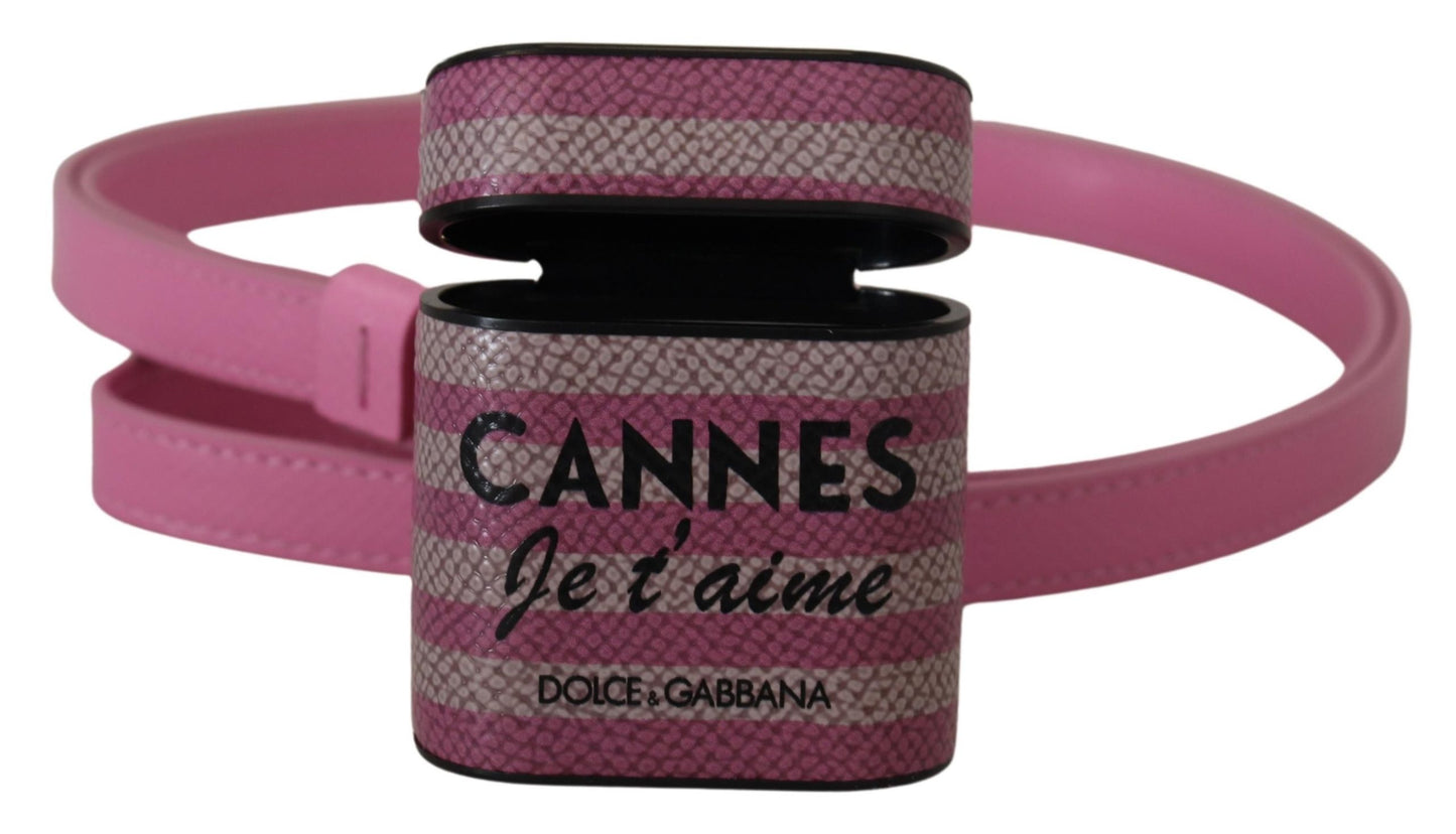 Pink Black Leather Strap Gold Metal Logo Airpods Case-Dolce & Gabbana-LabelTerrace.com
