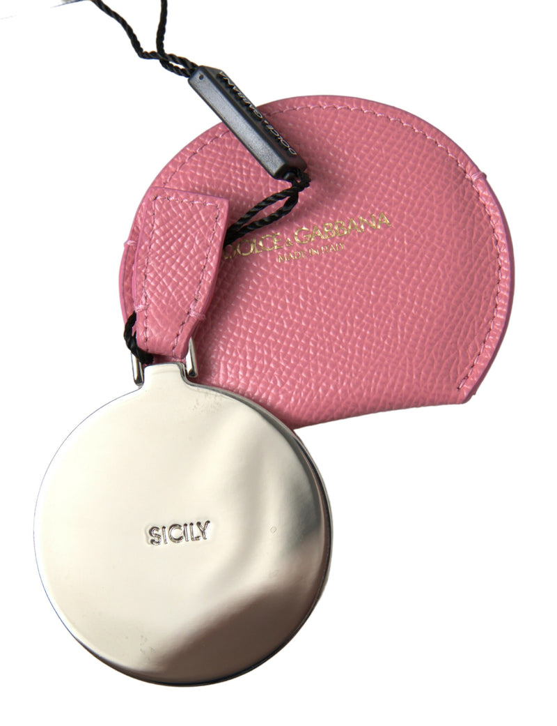Pink Calfskin Leather Round Logo Print Hand Mirror Holder-Dolce & Gabbana-LabelTerrace.com