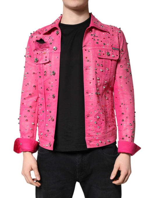 Pink Crystal Embellished Cotton Denim Jacket-Dolce & Gabbana-LabelTerrace.com