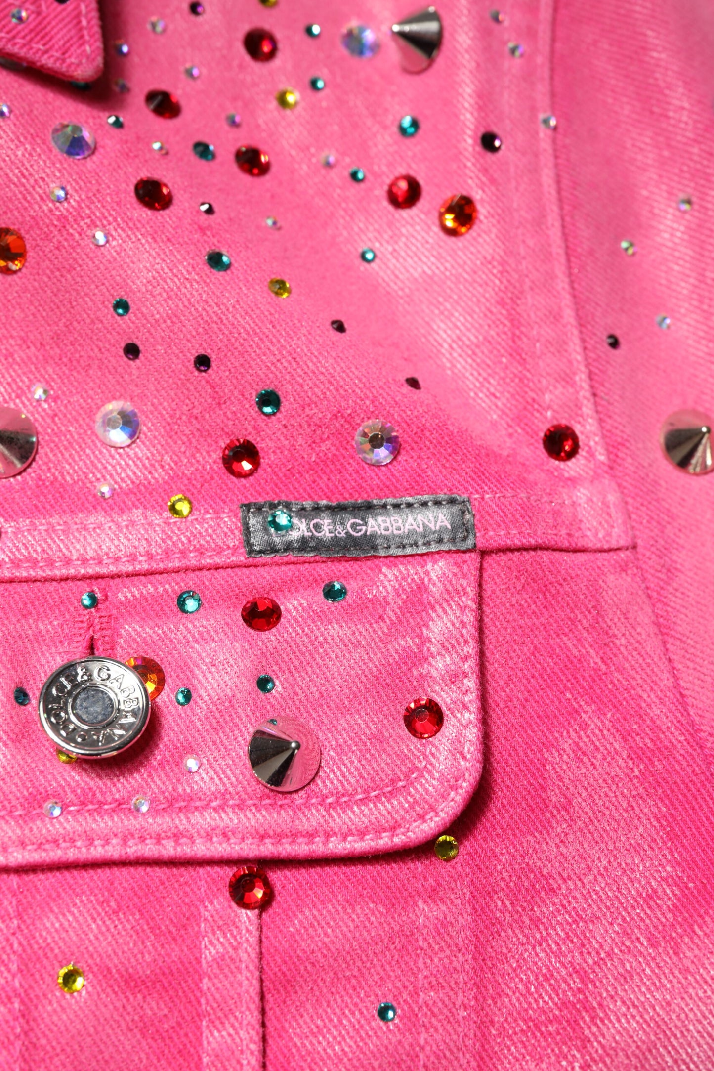 Pink Crystal Embellished Cotton Denim Jacket-Dolce & Gabbana-LabelTerrace.com
