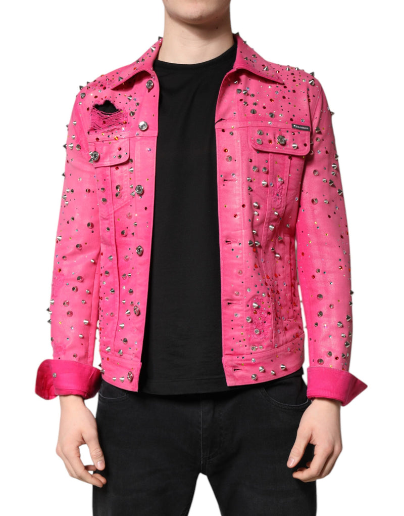 Pink Crystal Embellished Cotton Denim Jacket-Dolce & Gabbana-LabelTerrace.com