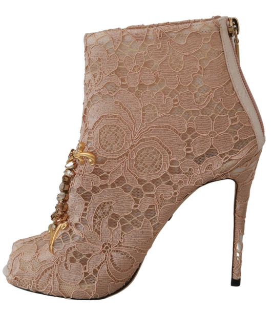 Pink Crystal Lace Booties Stilettos Shoes-Dolce & Gabbana-LabelTerrace.com