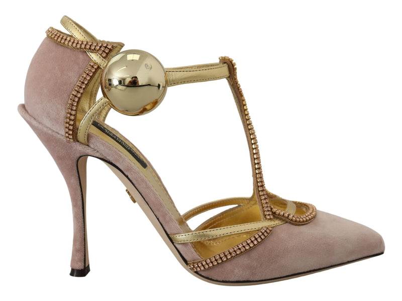 Pink Crystal T-strap Heels Pumps Shoes-Dolce & Gabbana-LabelTerrace.com