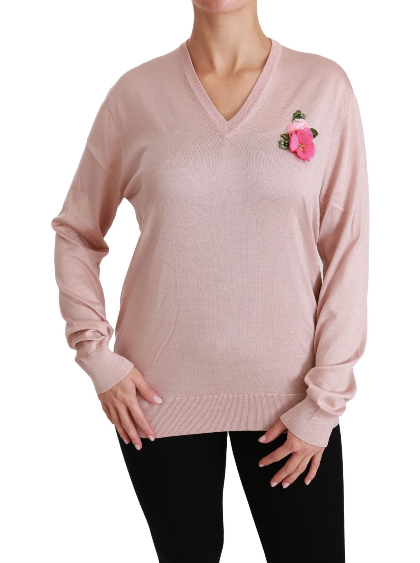 Pink Floral Embellished Pullover Silk Sweater-Dolce & Gabbana-LabelTerrace.com