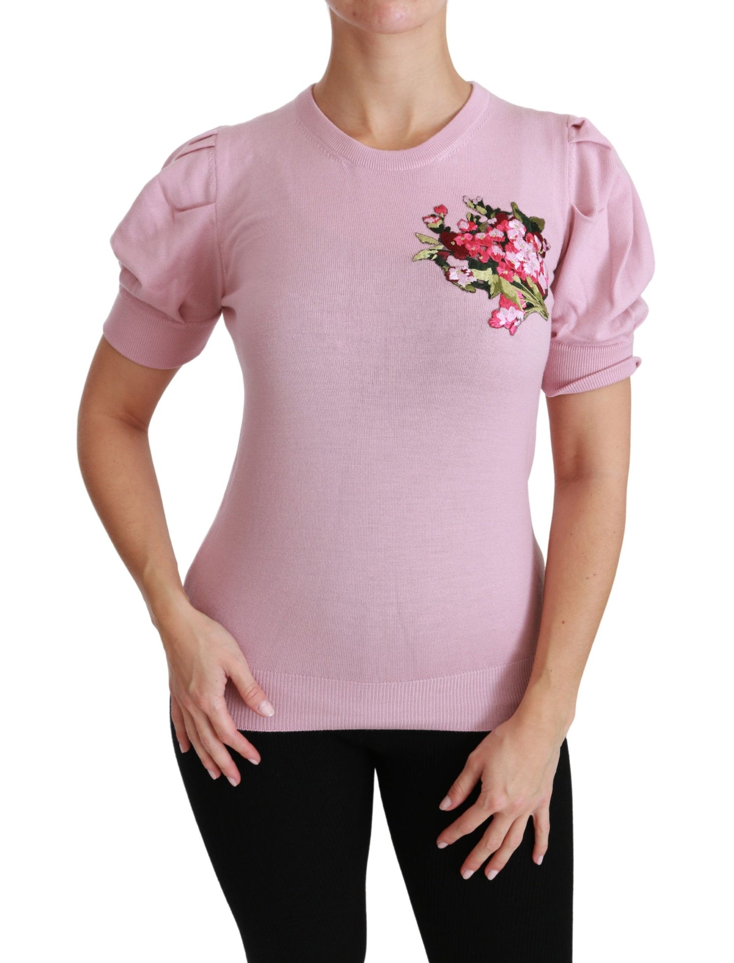 Pink Floral Embroidered Blouse Wool Top-Dolce & Gabbana-LabelTerrace.com