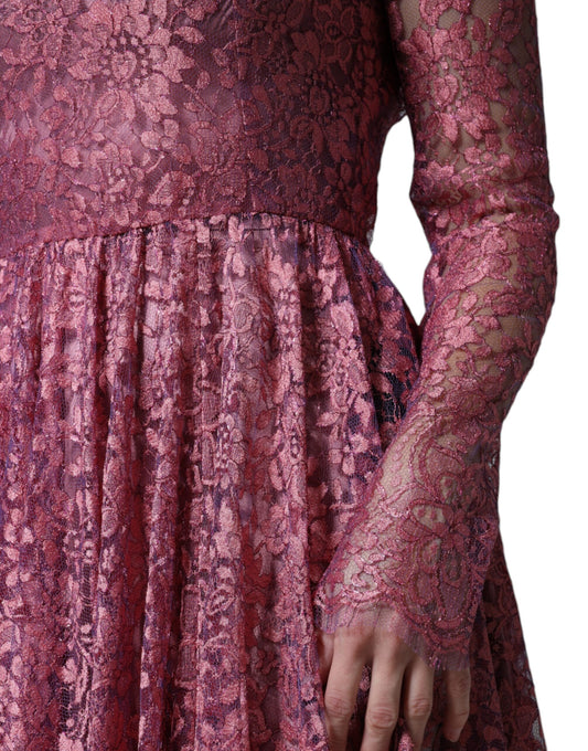 Pink Floral Lace Long Sleeve Midi Dress-Dolce & Gabbana-LabelTerrace.com