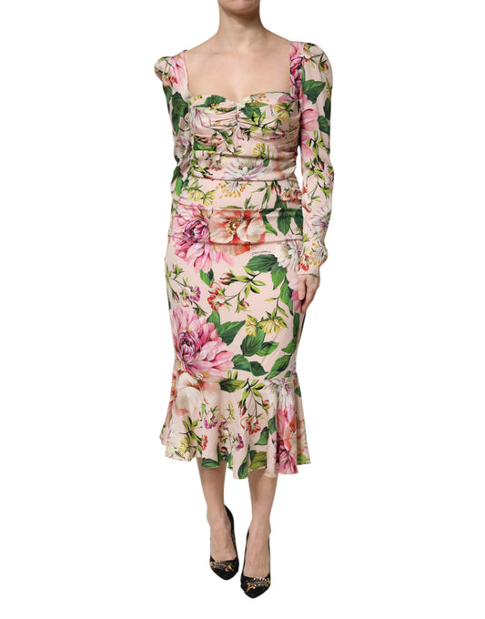 Pink Floral Silk Fit And Flared Midi Dress-Dolce & Gabbana-LabelTerrace.com