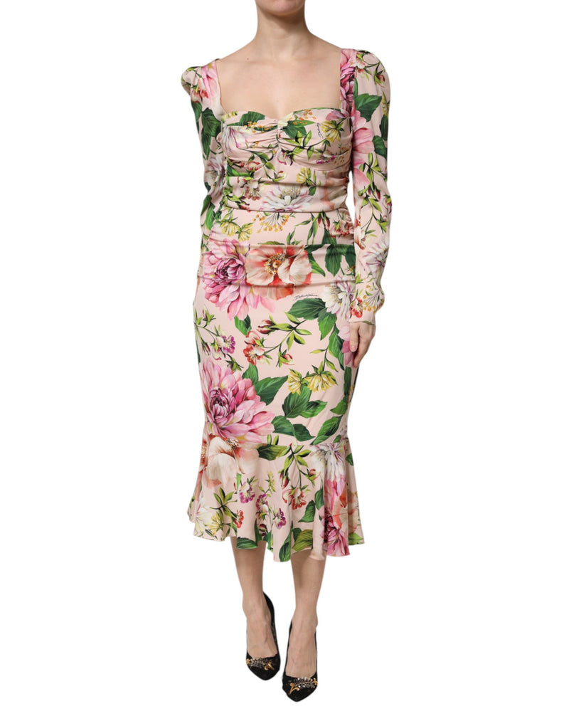 Pink Floral Silk Fit And Flared Midi Dress-Dolce & Gabbana-LabelTerrace.com