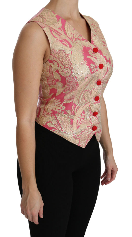 Pink Gold Brocade Waistcoat Vest Blouse Top-Dolce & Gabbana-LabelTerrace.com