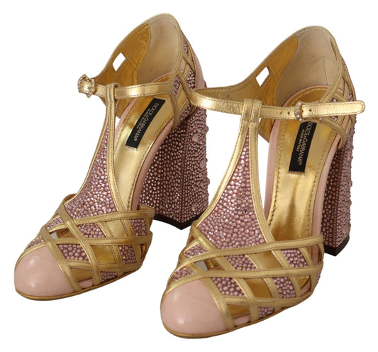 Pink Gold Leather Crystal Pumps T-strap Shoes-Dolce & Gabbana-LabelTerrace.com