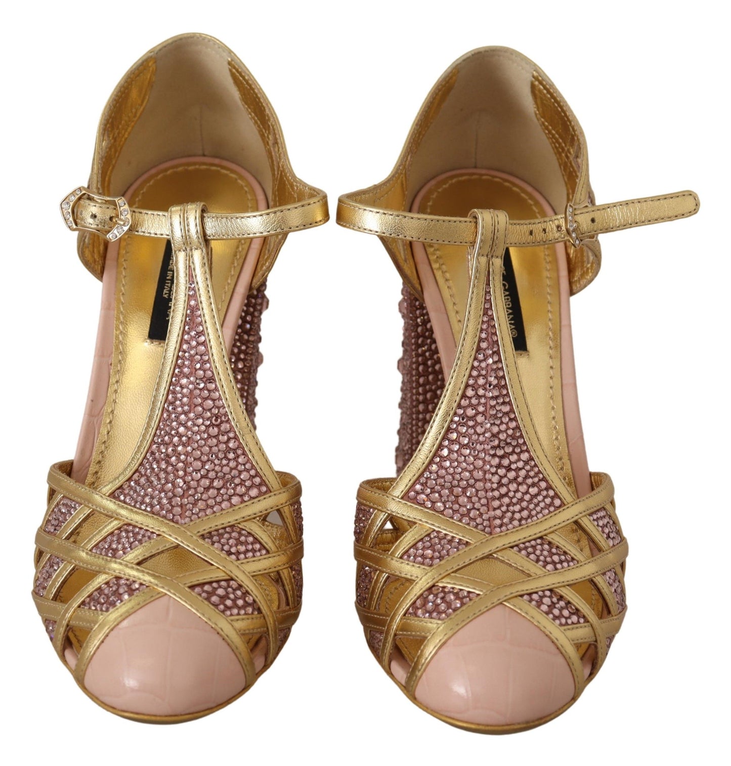 Pink Gold Leather Crystal Pumps T-strap Shoes-Dolce & Gabbana-LabelTerrace.com