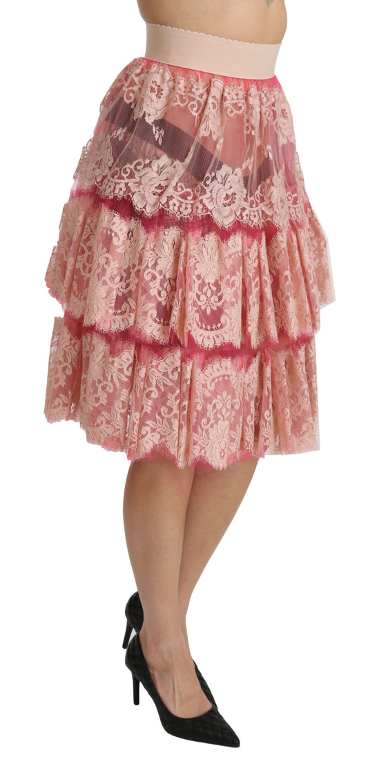 Pink Lace Layered High Waist Knee Length Skirt-Dolce & Gabbana-LabelTerrace.com
