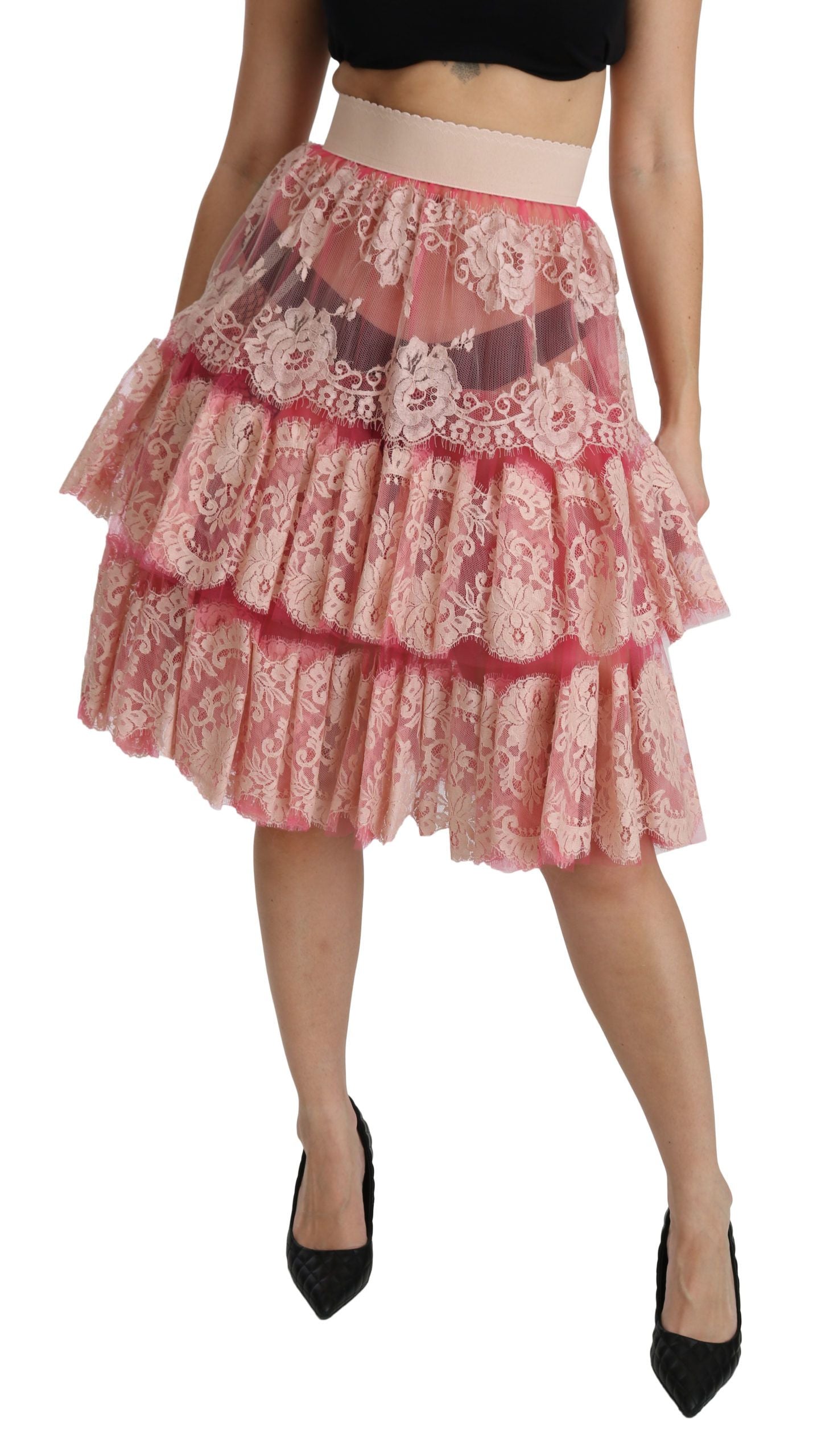 Pink Lace Layered High Waist Knee Length Skirt-Dolce & Gabbana-LabelTerrace.com