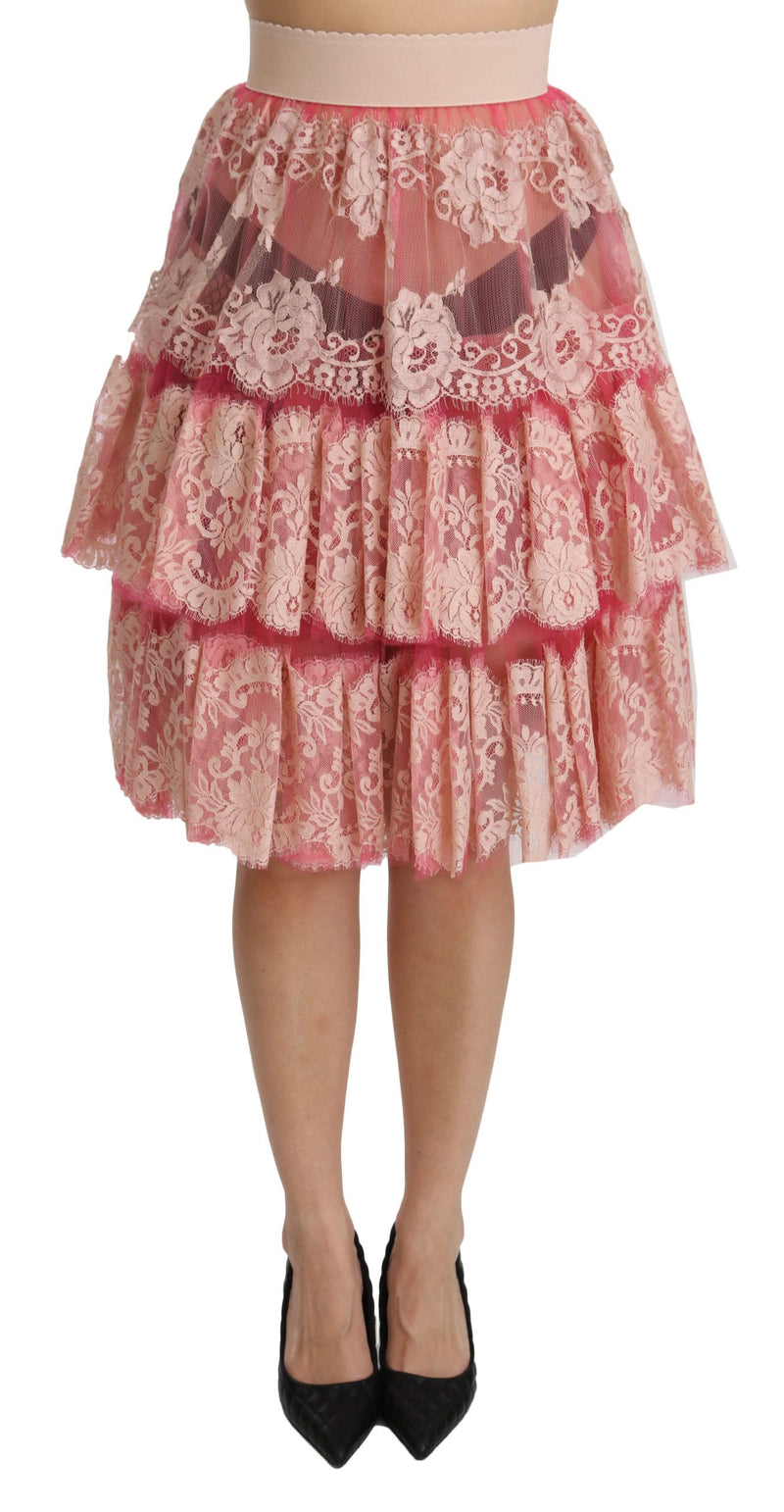 Pink Lace Layered High Waist Knee Length Skirt-Dolce & Gabbana-LabelTerrace.com
