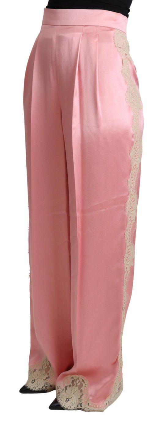 Pink Lace Trimmed Silk Satin Wide Legs Pants-Dolce & Gabbana-LabelTerrace.com