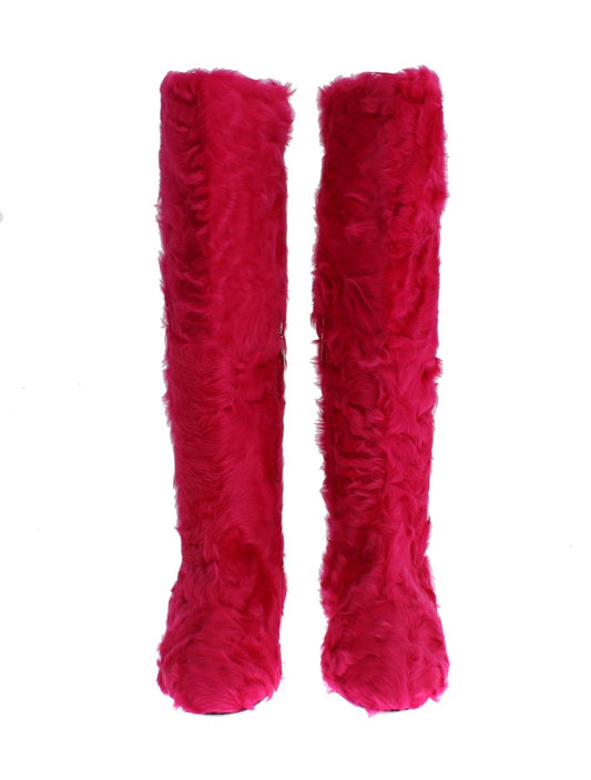 Pink Lamb Fur Leather Flat Boots-Dolce & Gabbana-LabelTerrace.com