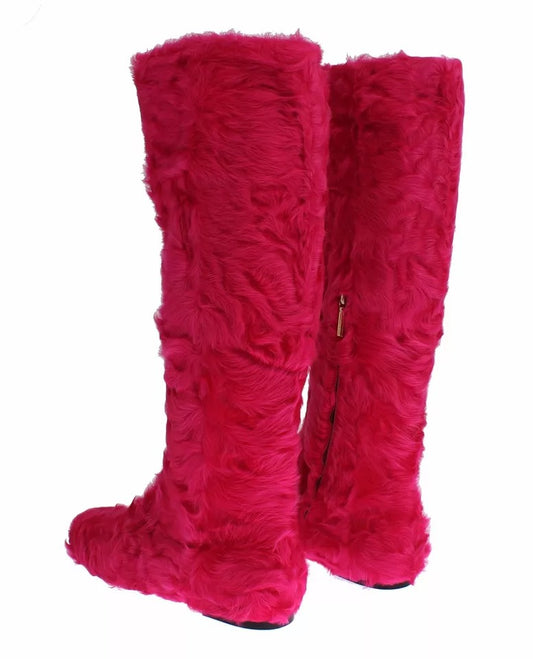 Pink Lamb Fur Leather Flat Boots Shoes-Dolce & Gabbana-LabelTerrace.com