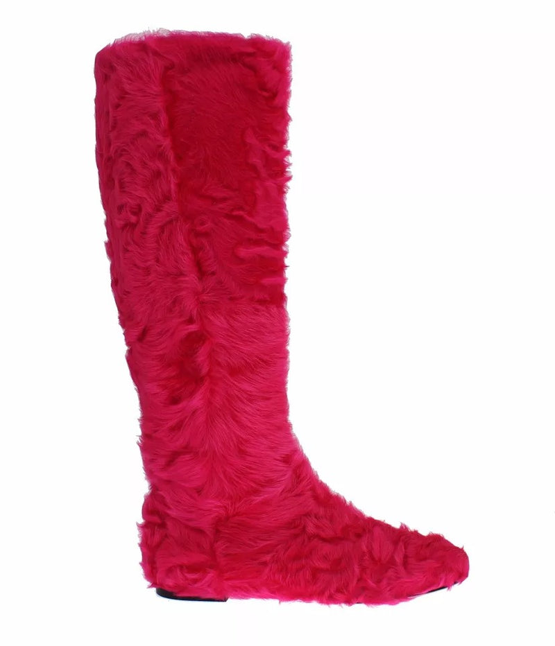 Pink Lamb Fur Leather Flat Boots Shoes-Dolce & Gabbana-LabelTerrace.com