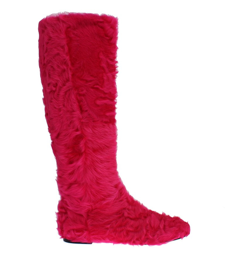Pink Lamb Fur Leather Flat Boots-Dolce & Gabbana-LabelTerrace.com