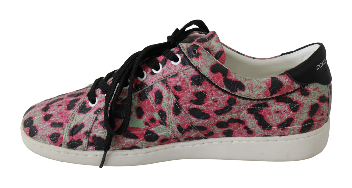 Pink Leopard Print Training Leather Flat Sneakers-Dolce & Gabbana-LabelTerrace.com