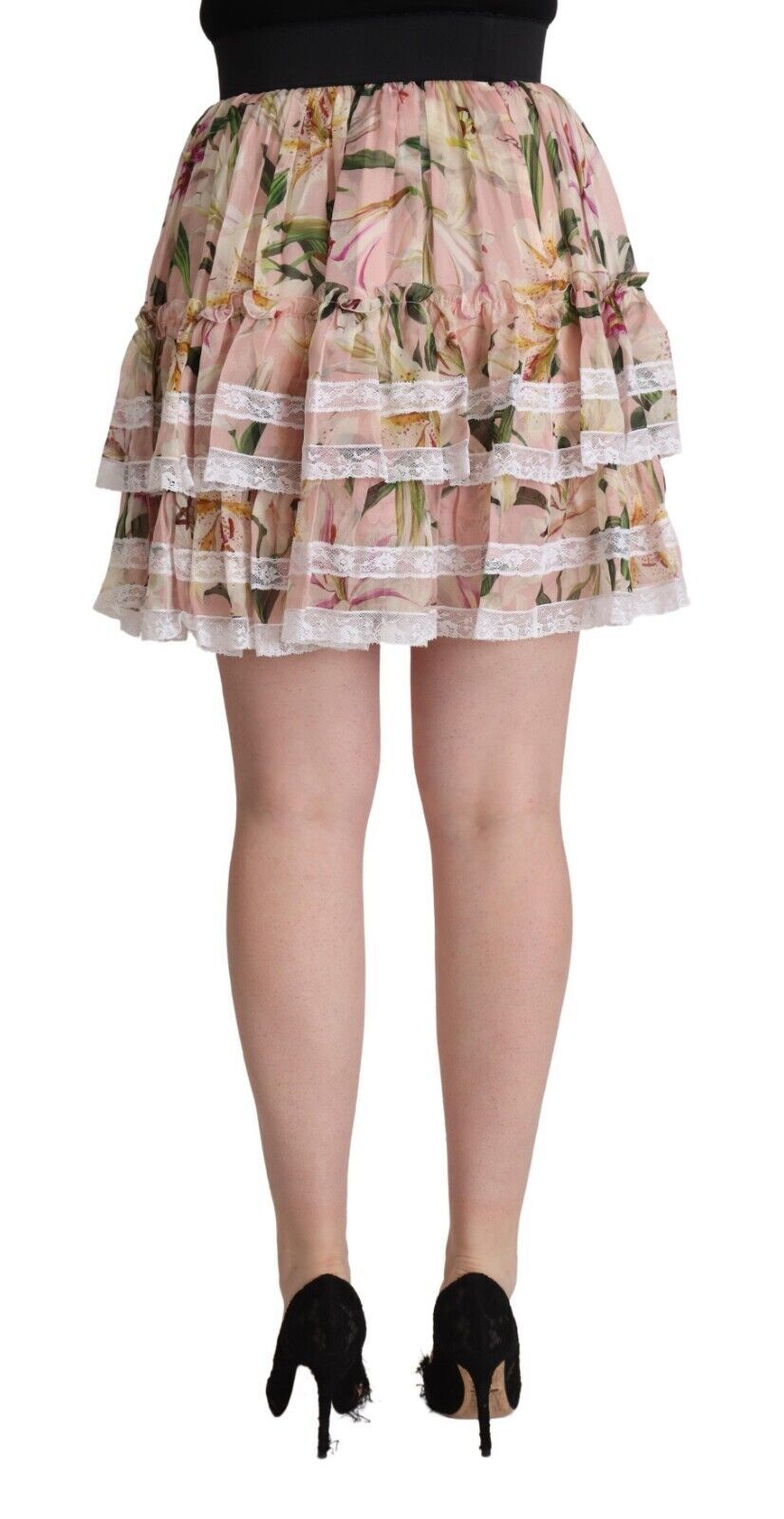 Pink Lily Print Silk Mini Tiered A-line Skirt-Dolce & Gabbana-LabelTerrace.com