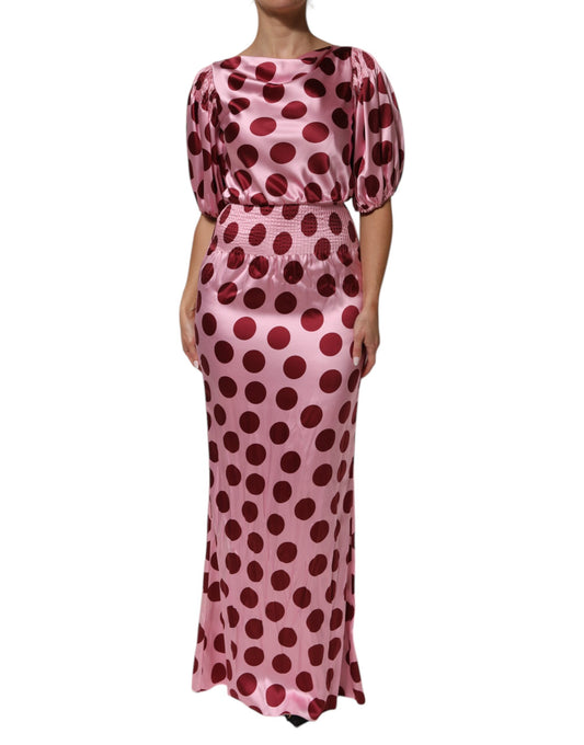 Pink Red Polka Dot Silk Satin Maxi Gown Dress-Dolce & Gabbana-LabelTerrace.com