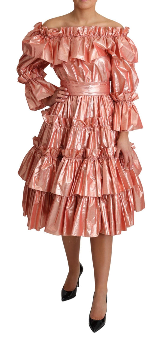Pink Ruffled Dress Silk Cotton Gown Dress-Dolce & Gabbana-LabelTerrace.com