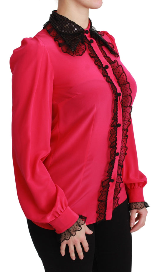 Pink Silk Black Sequin Lace Shirt Blouse-Dolce & Gabbana-LabelTerrace.com