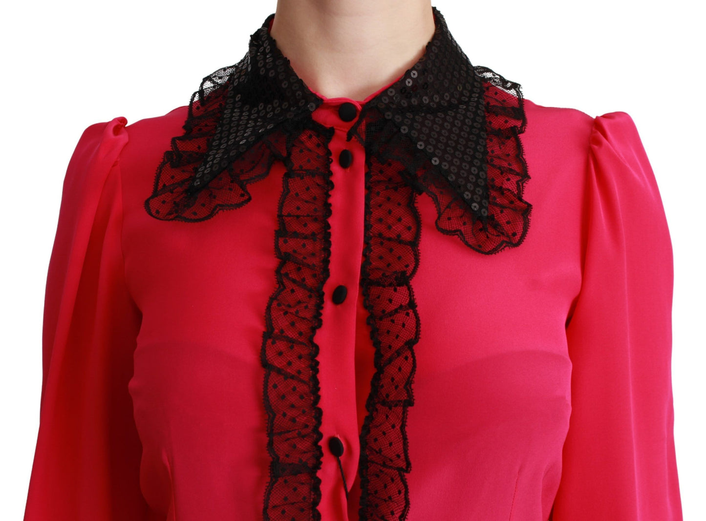 Pink Silk Black Sequin Lace Shirt Blouse-Dolce & Gabbana-LabelTerrace.com