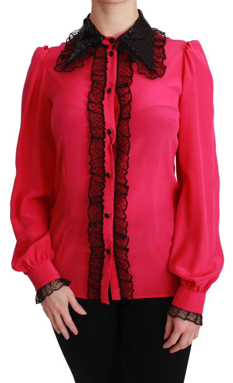 Pink Silk Black Sequin Lace Shirt Blouse-Dolce & Gabbana-LabelTerrace.com