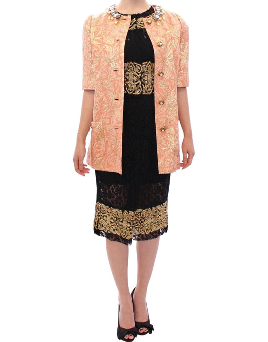 Pink Silk Brocade Crystal Jacket Coat-Dolce & Gabbana-LabelTerrace.com